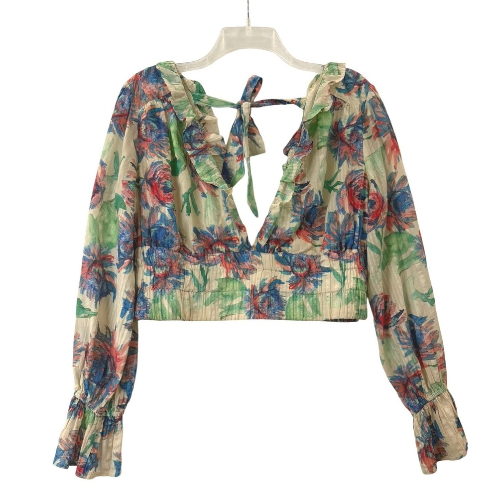 Anthropologie Floral Ruffle Crop Top Long Sleeve Open Back Tie Cotton Blouse M